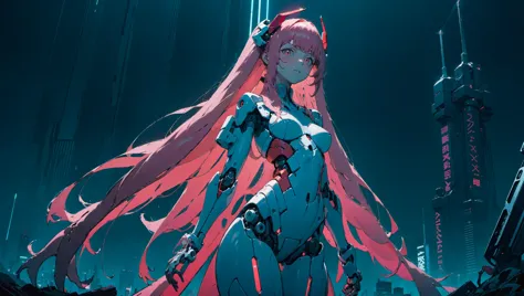 high quality, full body, zero two \(darling in the franxx\) in a cyberpunk style with robotic arm, long pink hair, in a cyberpunk landscape, small red horns, <lora:SDXLStencilStyleFAE:0.5> <lora:CyberPunkAI:0.8> <lora:zerotwo-nvwls-v1:1>