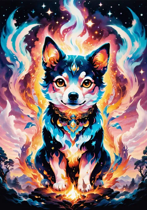 Astral Aura, ethereal fantasy concept art of Adorable Kawaii, psychedelic style (Masterpiece, high quality, best quality, official art, beauty and aesthetics:1.2),fire element,a dog made of hellfire,fire, cerberus,(dog:1.2), <lora:SDXLStencilStyleFAE:0.6> <lora:xl-shanbailing-1003fire-000010:0.5> fire element, composed of fire elements . vibrant colors, swirling patterns, abstract forms, surreal, trippy, pretty, cute, adorable, kawaii . magnificent, celestial, ethereal, painterly, epic, majestic, magical, fantasy art, cover art, dreamy, astral, colorful aura, vibrant energy