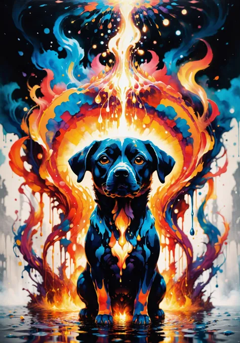 a painting of a dog with flames and a fireball