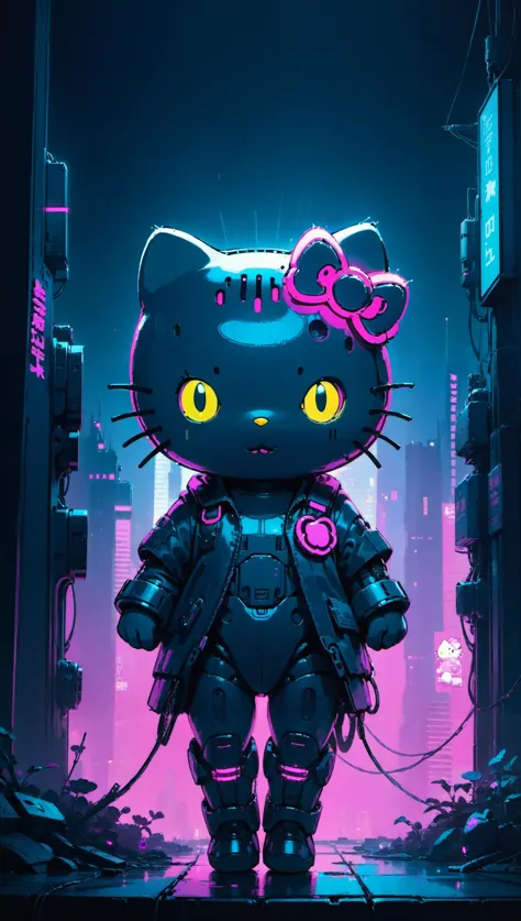 a cat in cyber clothes standing in a city at night