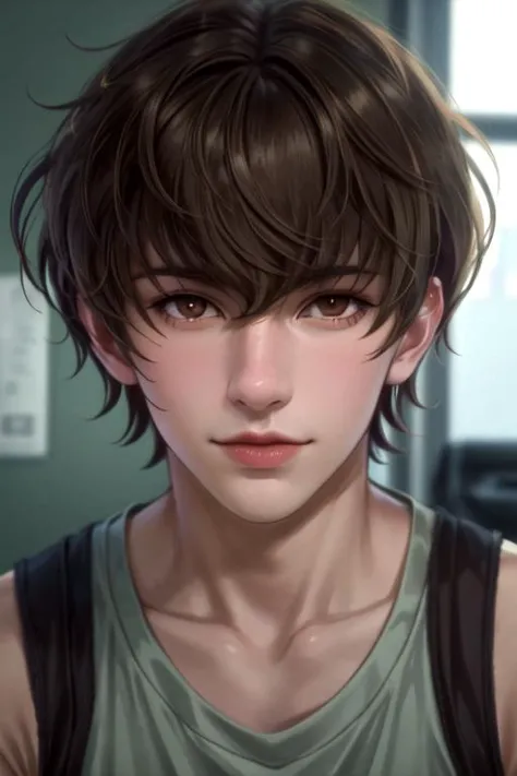 (best quality:1.1), (masterpiece:1.4), illustration, 1boy, solo, male focus, , , , , realistic, <lora:shuugo_sekiya:1>, shuugo_sekiya, brown hair, brown eyes, bangs, hair between eyes, short hair, tank top, homburg, new wave science fiction, HD