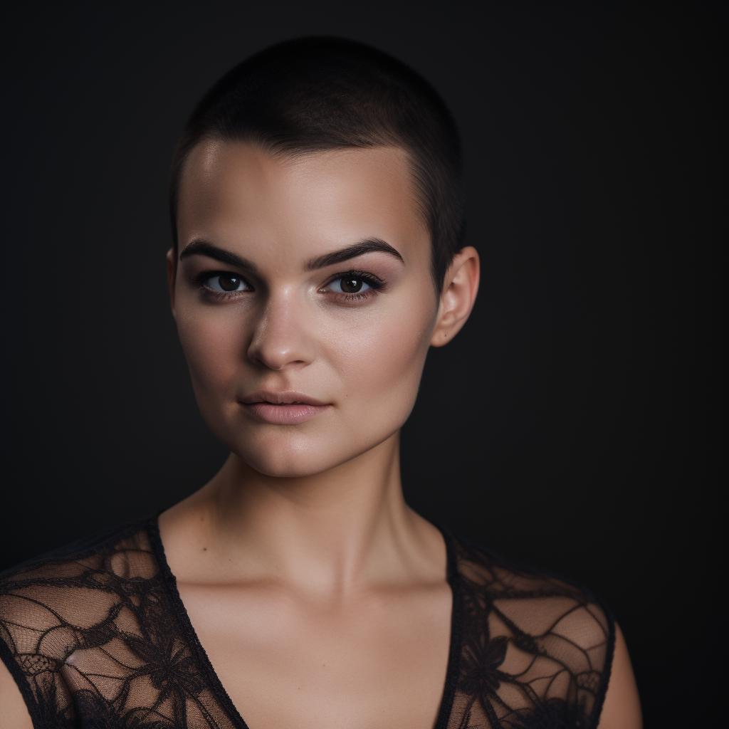 A close up of a woman with a very short haircut - SeaArt AI