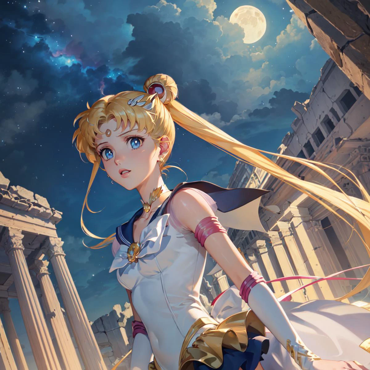 (((masterpiece))), (((best quality))), ((ultra-detailed)), (highly detailed CG illustration), ((an extremely delicate and beautiful)),cinematic light, sailor moon, eternal sailor moon, sky, nebula,  moon palace, (palace ruins)