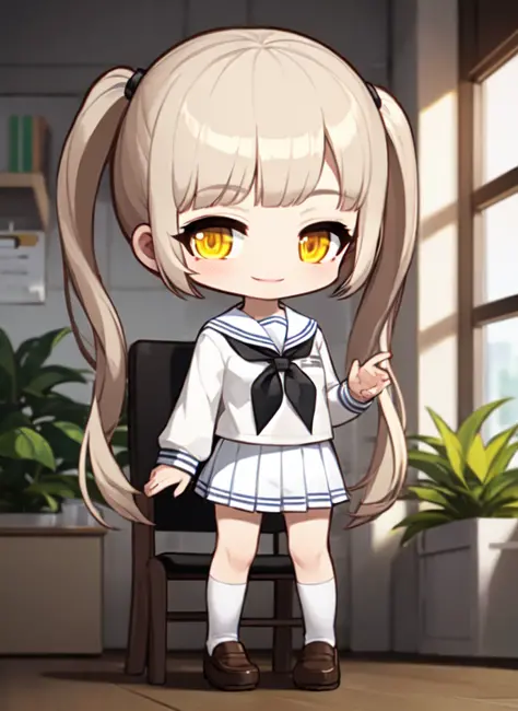 chibi,8k, 4k,1girl,nsfw, twintails, school uniform, skirt, indoors, serafuku, brown hair, solo, pleated skirt, couch, sailor collar, white skirt, yellow eyes, long sleeves, shirt, chair, white sailor collar, smile, white shirt, neckerchief, window, looking at viewer, bangs, table, black neckerchief, plant, standing,(chibi)