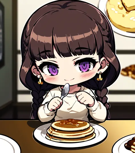 8k, 4k,nsfw,chibi,food, smile, long hair, braid, indoors, brown hair, earrings, jewelry, holding, looking at viewer, 1girl, blush, twin braids, pancake, plate, spoon, bangs, holding spoon, fork, long sleeves, white sweater, sweater, solo, closed mouth, shirt, purple eyes, syrup, upper body, cup, white shirt, holding fork, solo focus, sitting, hands up, butter, table, pov across table