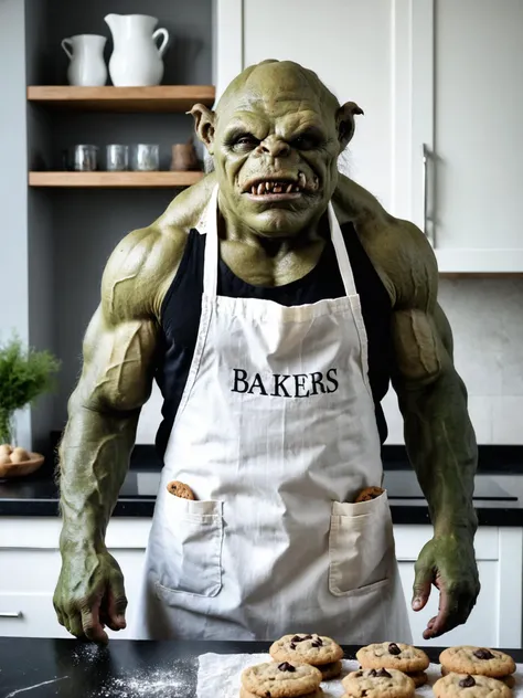 a close up of a person in an apron with a cookie