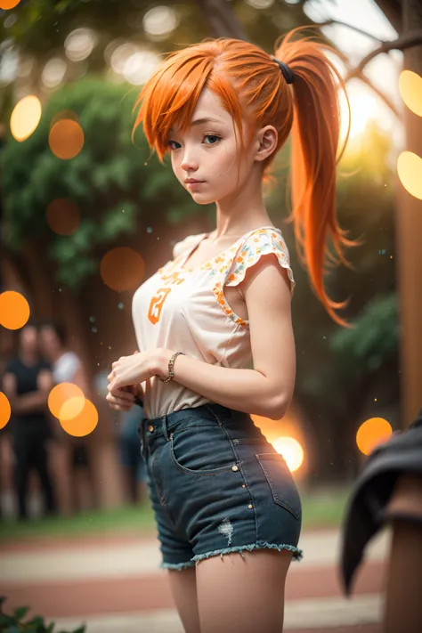 a close up of a woman with orange hair and a ponytail