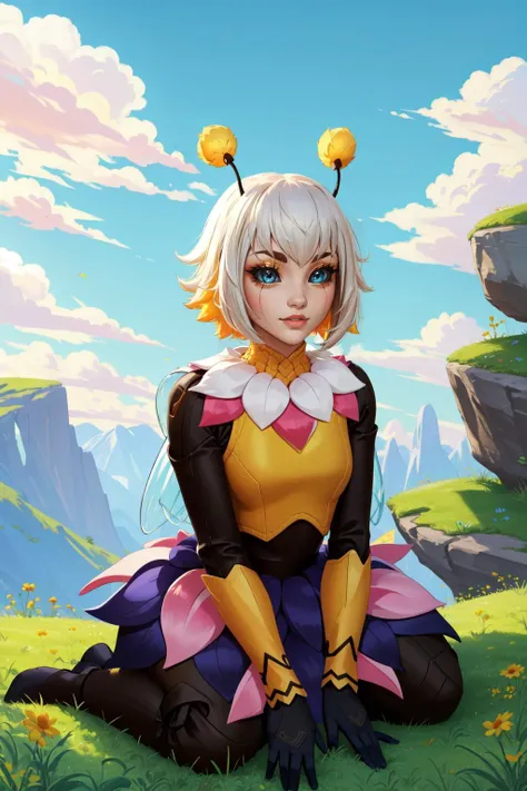 a woman in a bee costume sitting on a hill