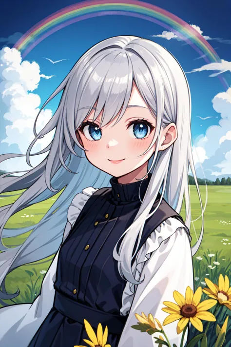 a woman with long white hair standing in a field of flowers