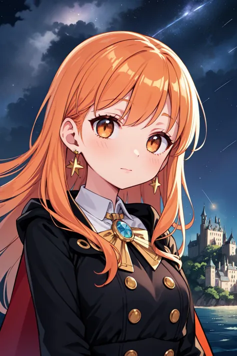 masterpiece, best quality, 1girl, close up, face focus, long black dress, gold buttons, cape, blouse, earrings, very long orange hair, hazel eyes,( castle in background:1.2), [houses], ocean, starry sky, buttons, serene expression, shooting star, soft lighting,