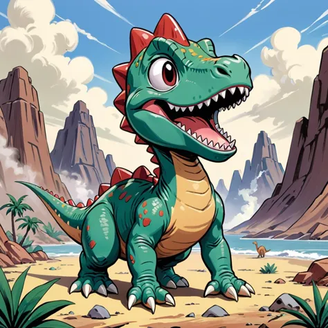 {Epic masterpiece comic landscape of 1950s} {cover art} of {Chibi Toy Dinosaur}