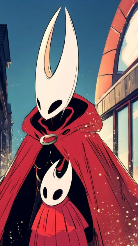 (1girl:small breasts, red cape, mask, <lora:LoRA_Hornet:0.8>, hornet \(hollow knight\), black skin), posing for a photoshoot