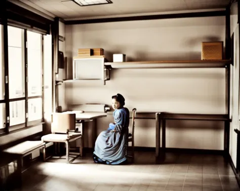 <lora:Kozaburo_Tamamura_style_v2:0.7>, <lora:Vermeer_v1:0.7>, indoors, chair, (1girl:1.2), desk, blue dress