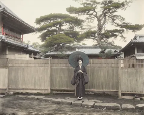 araffe dressed in a kimono standing in front of a fence