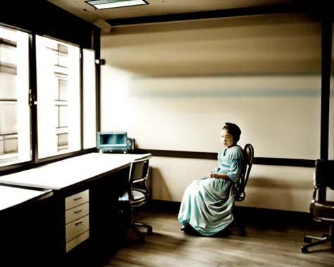 <lora:Kozaburo_Tamamura_style_v2:0.7>, <lora:Vermeer_v1:0.7>, indoors, chair, (1girl:1.2), desk, blue dress