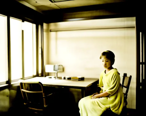 <lora:Kozaburo_Tamamura_style_v2:0.7>, <lora:Vermeer_v1:0.7>, indoors, chair, (1girl:1.2), desk, yellow dress