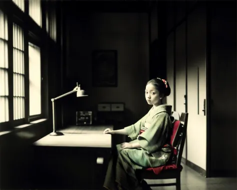 arafed woman sitting in a chair in a dark room