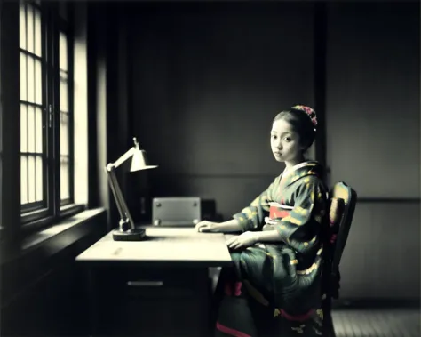 <lora:Kozaburo_Tamamura_style_v2:0.5>, <lora:Vermeer_v1:0.5>, indoors, chair, (1girl:1.2), desk, kimono, Japanese dress, detailed face, dark theme, Vermeer, Tamamura