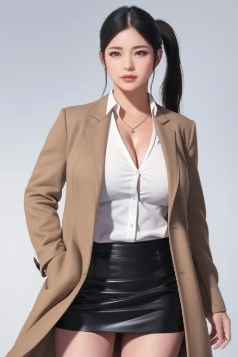 masterpiece,best quality,absurdres,photorealistic,mature female,sagging breasts,<lora:pysician:0.6>,black_hair,brown_eyes,long_hair,cleavage,ponytail,white coat,brown shirt,black pencil skirt,