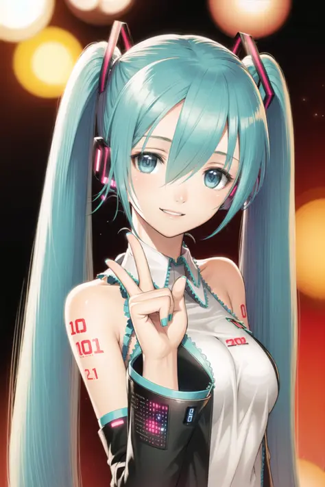 <lora:shining:1>
1girl, solo focus, (hatsune miku:1.2), hatsune miku \(cosplay\), looking at viewer, green hair, smile, vocaloid...