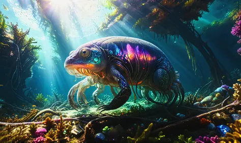 photorealistic, detailed digital illustration of a Amphibious creature with jewel-encrusted carapace at a Coral palace with gem-...