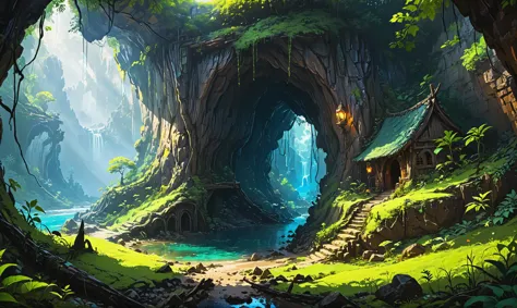 Beautiful detailed digital illustration of a <lora:RPGMuaghXL:0.7> muagh at a Hidden cave entrance to underworld, <lora:Dreamyvi...