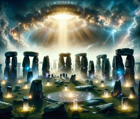 ais-rcn, detailed picture, summer solstice, stonehenge awaken, majestic, magical atmosphere, fog, beam of light, <lora:ais-rcn-sdxl:1>