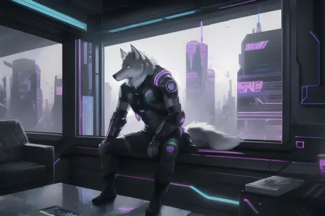 anthropomorpher männlicher grauer Wolf,  auf einem Fenster sitzen, Cyberpunk-Hintergrund