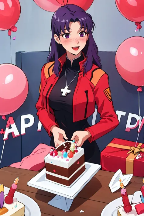 chef-d&#39;œuvre, Meilleure qualité, 1girl wearing rouge_veste, noir_Crayon_robe_Haut_collier_rouge_veste, Misato_croix_collier, Beau, rougir, heureux, une fille d'anniversaire, des ballons, (gâteau d&#39;anniversaire:1.3), bougies d&#39;anniversaire, présente, bannière, Confettis, yeux violets,