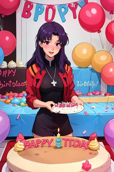 chef-d&#39;œuvre, Meilleure qualité, 1girl wearing rouge_veste, noir_Crayon_robe_Haut_collier_rouge_veste, Misato_croix_collier, Beau, rougir, heureux, une fille d'anniversaire, des ballons, (gâteau d&#39;anniversaire:1.3), bougies d&#39;anniversaire, présente, bannière, Confettis, yeux violets,