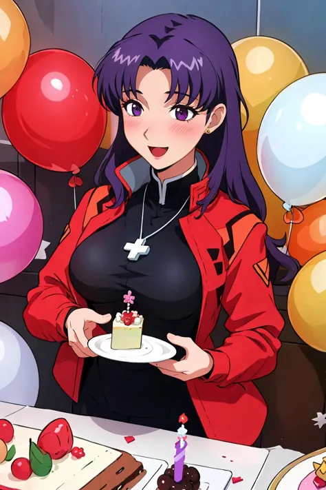 chef-d&#39;œuvre, Meilleure qualité, 1girl wearing rouge_veste, noir_Crayon_robe_Haut_collier_rouge_veste, Misato_croix_collier, Beau, rougir, heureux, une fille d'anniversaire, des ballons, (gâteau d&#39;anniversaire:1.3), bougies d&#39;anniversaire, présente, bannière, Confettis, yeux violets,