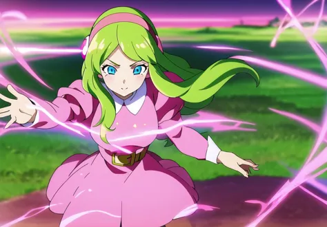 a woman in a pink dress with green hair and blue eyes