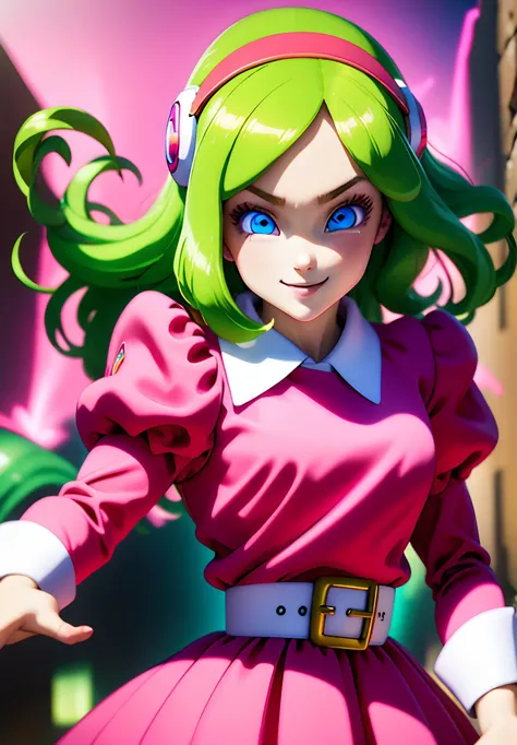 a close up of a person in a pink dress with green hair