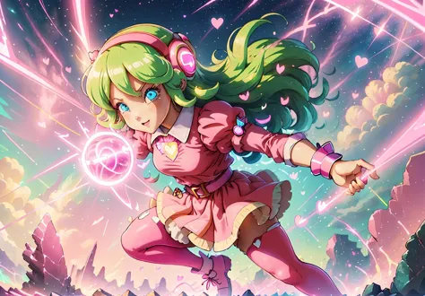 a close up of a cartoon girl with a pink outfit and green hair