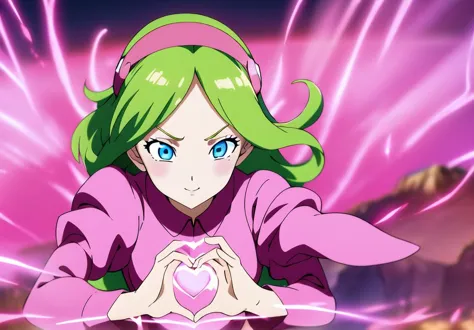 a woman in a pink outfit holding a heart in her hands