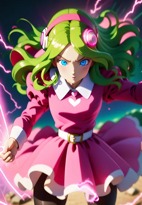 a close up of a person in a pink dress with a green hair