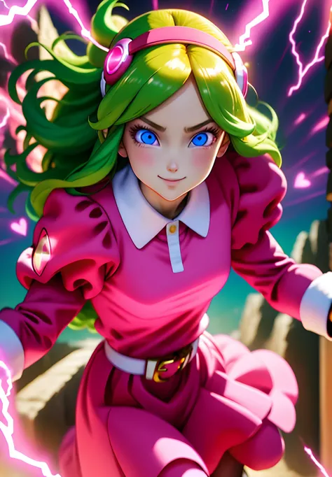 a close up of a woman in a pink dress with green hair