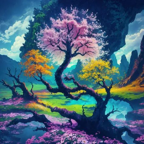 a painting of a tree with pink flowers in the middle of a field