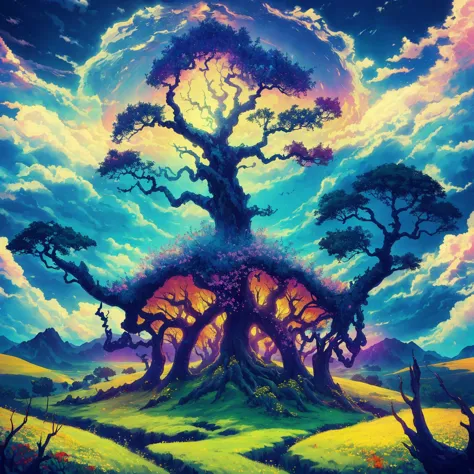 a painting of a tree with a sky background