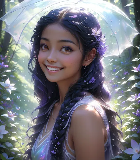 Close up portrait of a young middle-eastern Fairy, smiling, freckles, platinum braided hair, dancing in the forest Full of flowers, veil, translucent vest, translucent lavender sheer Mini-skirt, digital painting, scarred, black face paint, raining, Canon 5d trending on artstation Pixiv fanbox deviantart artwork by Audrey Kawasaki WLOP Artgerm Craig Mullins Ruan Jia <lora:Teenage_Fantasy_SDTX_1.0:1>, BJ_Teenage_Fantasy