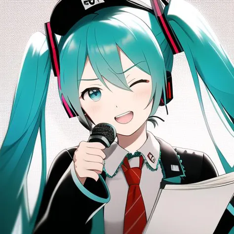 Hatsune Miku reads a rap with 50 cents, hold microphone, wear cap, rap, 50 cents, serious, Official_art, masterpiece, best_quality