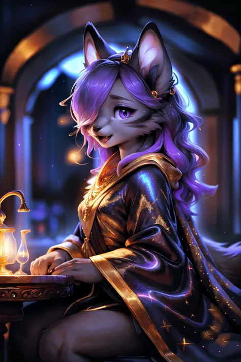 a girl with purple hair and a cat ears sitting at a table