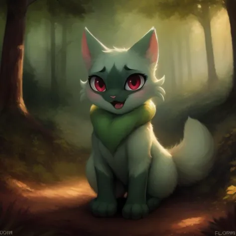 Katze tail, (Tier), (Katze),  (Seite_Sicht:0.65), front Sicht, 
FurryAnime, furrycore, Wald, 
looking at Sichter, offener Mund, fangs, 
Floragato, Körper fur, flauschige, Pokémon, (wild), Niedlich, (Grün_Körper), 
 beste Qualität, 
 einshelm, Sanftes Licht,
 ein Ölgemälde, (gute Qualität:1.2), Meisterwerk, ausführlich, highres, 4k, scharfer Fokus