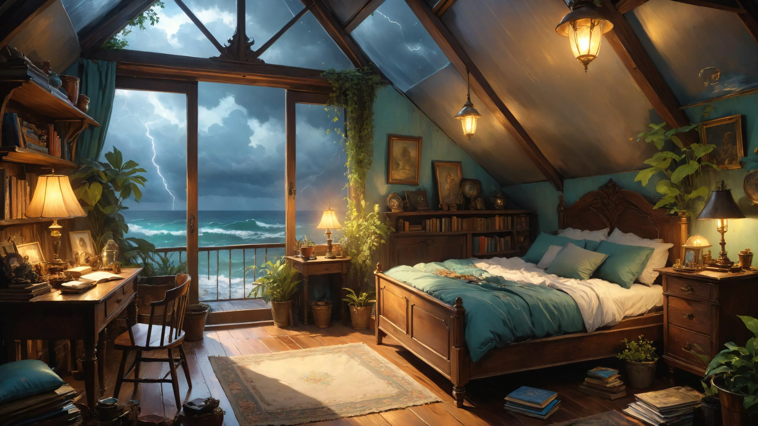 Attic retreat with vintage furnishings, Dreamyvibes Artstyle,, Storm Lighting, fracolor, sharp focus, art by Artgerm and Donato Giancola and Joseph Christian Leyendecker, Ross Tran, WLOP 
