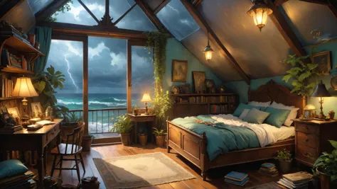 Attic retreat with vintage furnishings, Dreamyvibes Artstyle,, Storm Lighting, fracolor, sharp focus, art by Artgerm and Donato ...