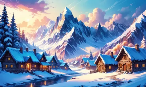 Beautiful detailed digital illustration of a Snow-covered village near icy peaks <lora:Dreamyvibes artstyle SDXL - Trigger with dreamyvibes artstyle:0.7> Dreamyvibes Artstyle, <lora:fracolor:0.7> fracolor , Flickering light