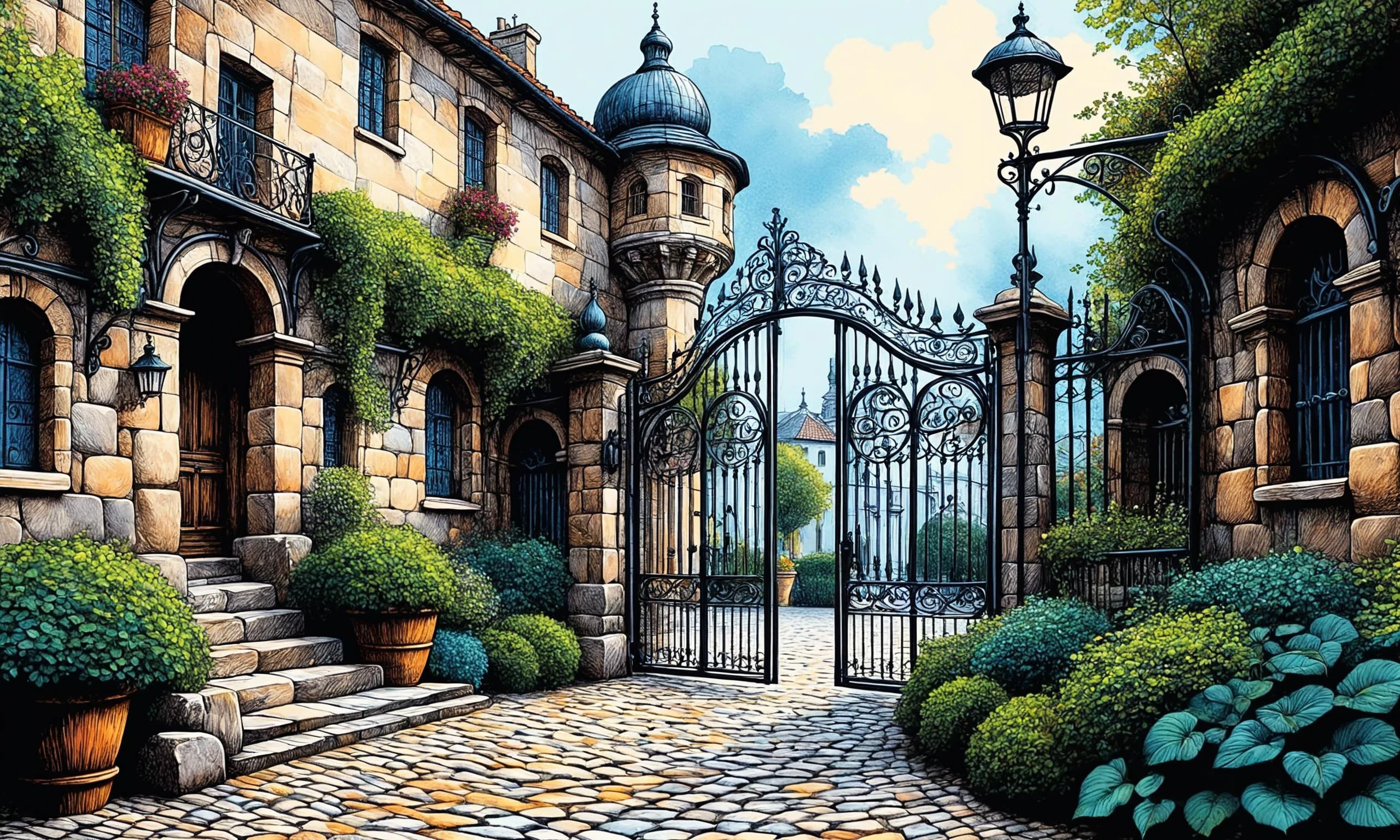 精美细致的数字插图，描绘了鹅卵石铺砌的庭院，配以铸铁大门和水墨艺术, 线条艺术, 弗拉科洛尔