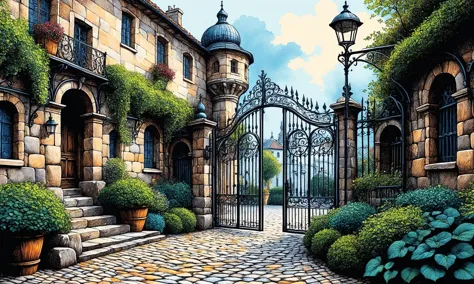 Hermosa ilustración digital detallada de un patio adoquinado con arte en tinta de puertas de hierro forjado, arte lineal, Fracolor