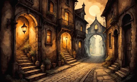 Beautiful detailed digital illustration of a Gaslit alley with shadows and mystery <lora:ParchartXL-1.5:0.7> on parchment, ink illustration, <lora:fracolor:0.7> fracolor , Flickering light