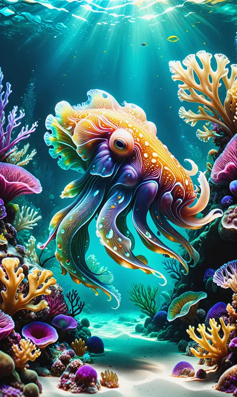 photorealistic, detailed digital illustration of a Color-changing cuttlefish with mesmerizing patterns at a Hidden underwater oa...